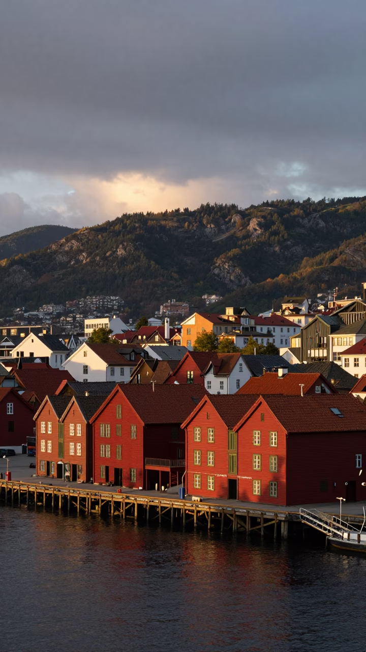 Bergen Norway Harbor at Dusk with Traditional Red Wharf Houses and Small Fishing Boats in in Bergen, Norway
