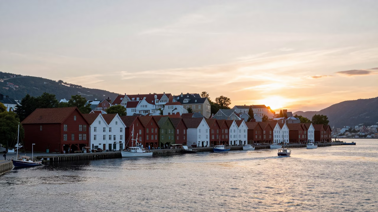 Bergen Norway Harbor at Sunset with Colorful Bryggen Wharf Houses and Fishing Boats in in Bergen, Norway