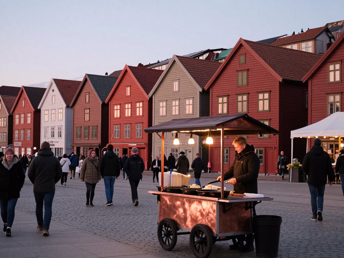 Bergen Norway Harbor Copper Dusk Skillet Food Vendor Busy Street Scene in in Bergen, Norway