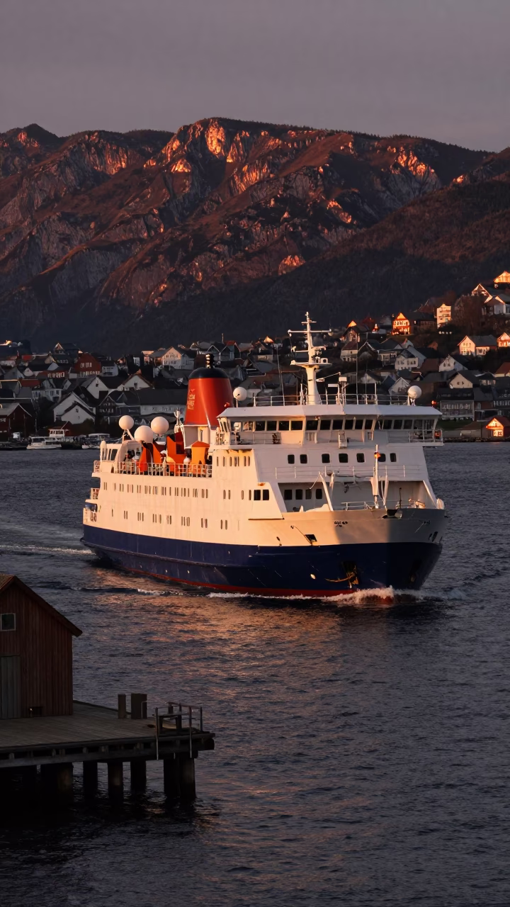 Bergen Norway Harbor Dusk Ferry Departure Copper Light Mountains in in Bergen, Norway