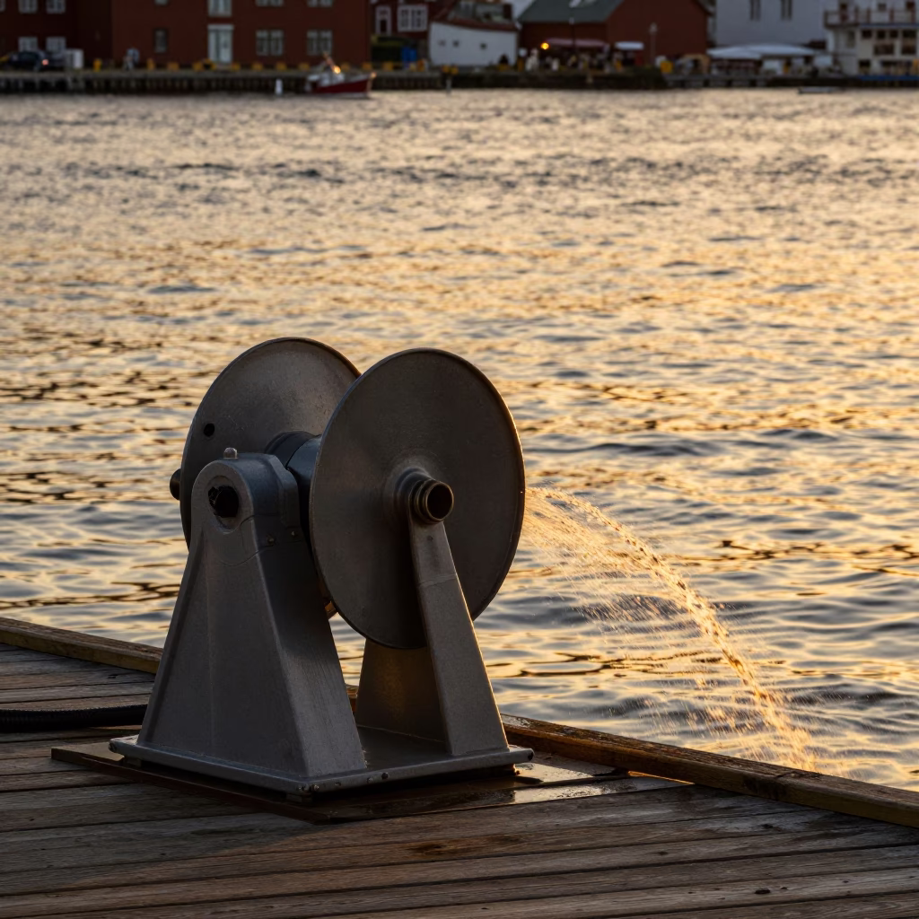 Bergen Norway Harbor Evening Light Hydrophone Winch and Golden Water Droplets in in Bergen, Norway