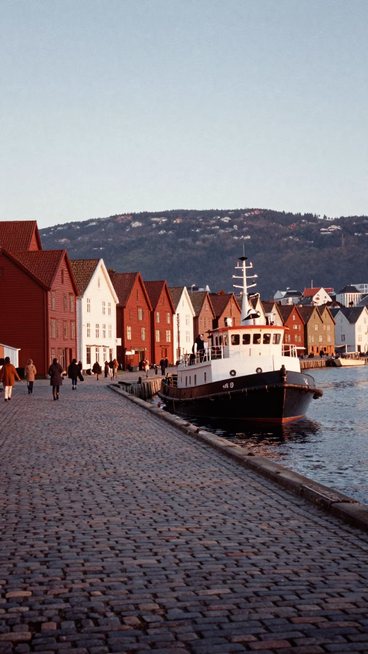 Bergen Norway Harbor First Light Tugboat Activity Cobblestone Streets in in Bergen, Norway