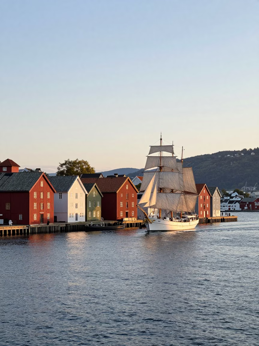 Bergen Norway Harbor Morning Light Tall Ship Canvas Bay Waterfront in in Bergen, Norway