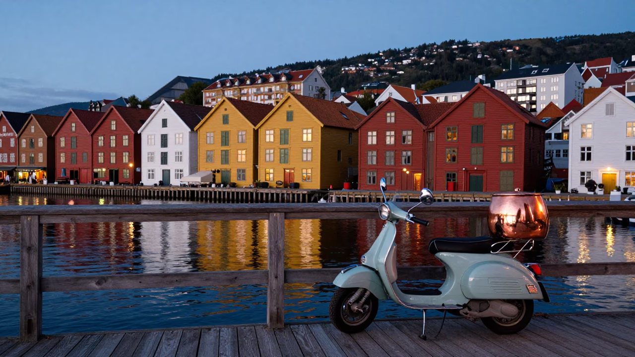 Bergen Norway Harbor Promenade Evening Scooter and Copper Pots in in Bergen, Norway