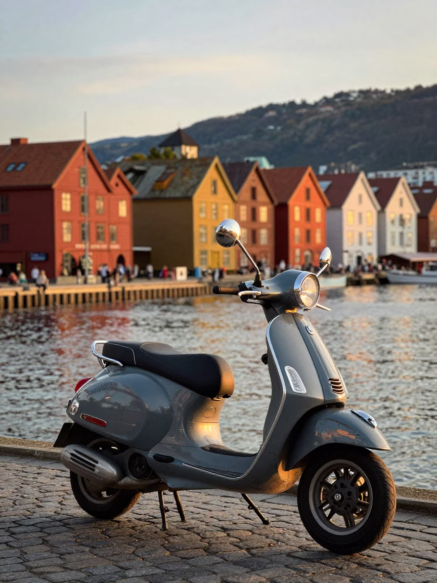 Bergen Norway Harbor Promenade Golden Hour Scooter and Fjord View in in Bergen, Norway