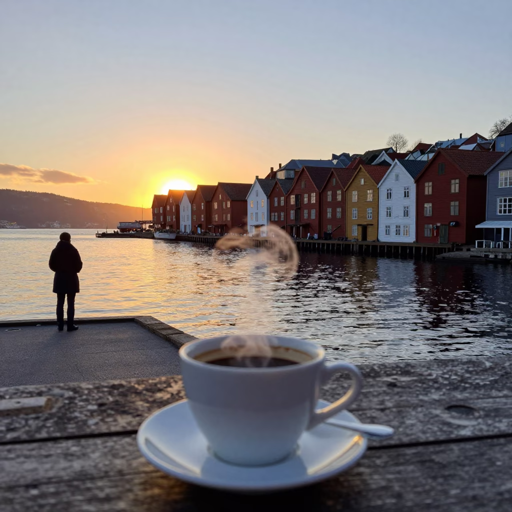 Bergen Norway Harbor Sunset Steam Rising from Coffee Cup at Bryggen Wharf in in Bergen, Norway