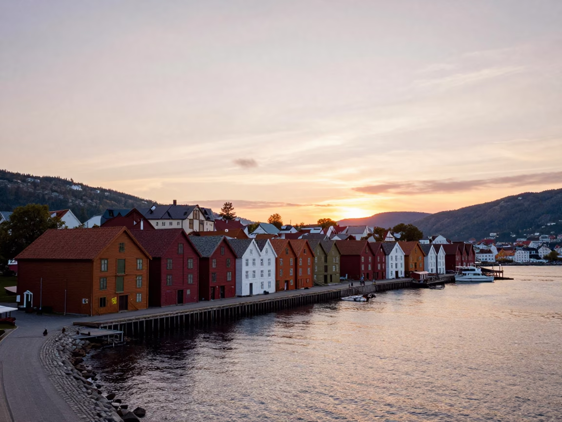 Bergen Norway Harbor Sunset View with Colorful Wharf Houses and Boats in in Bergen, Norway
