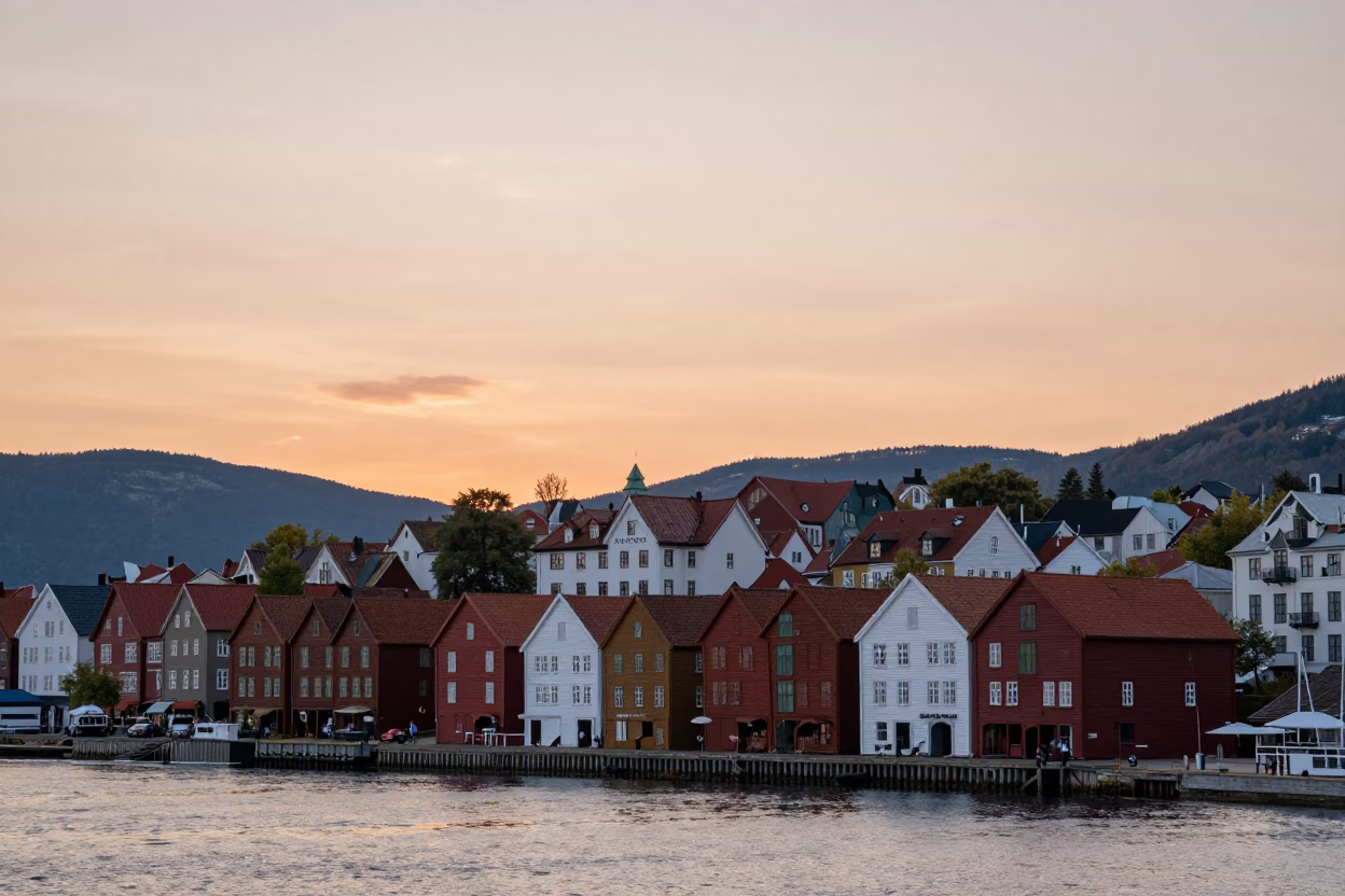 Bergen Norway Harbor Sunset View with Tunnels and Coastal Architecture in in Bergen, Norway