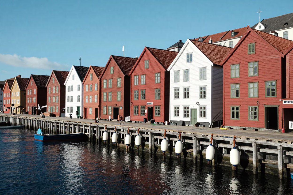Bergen Norway Harbor Wharf Fishing Floats and Colorful Hanseatic Houses in Midmorning Light in in Bergen, Norway