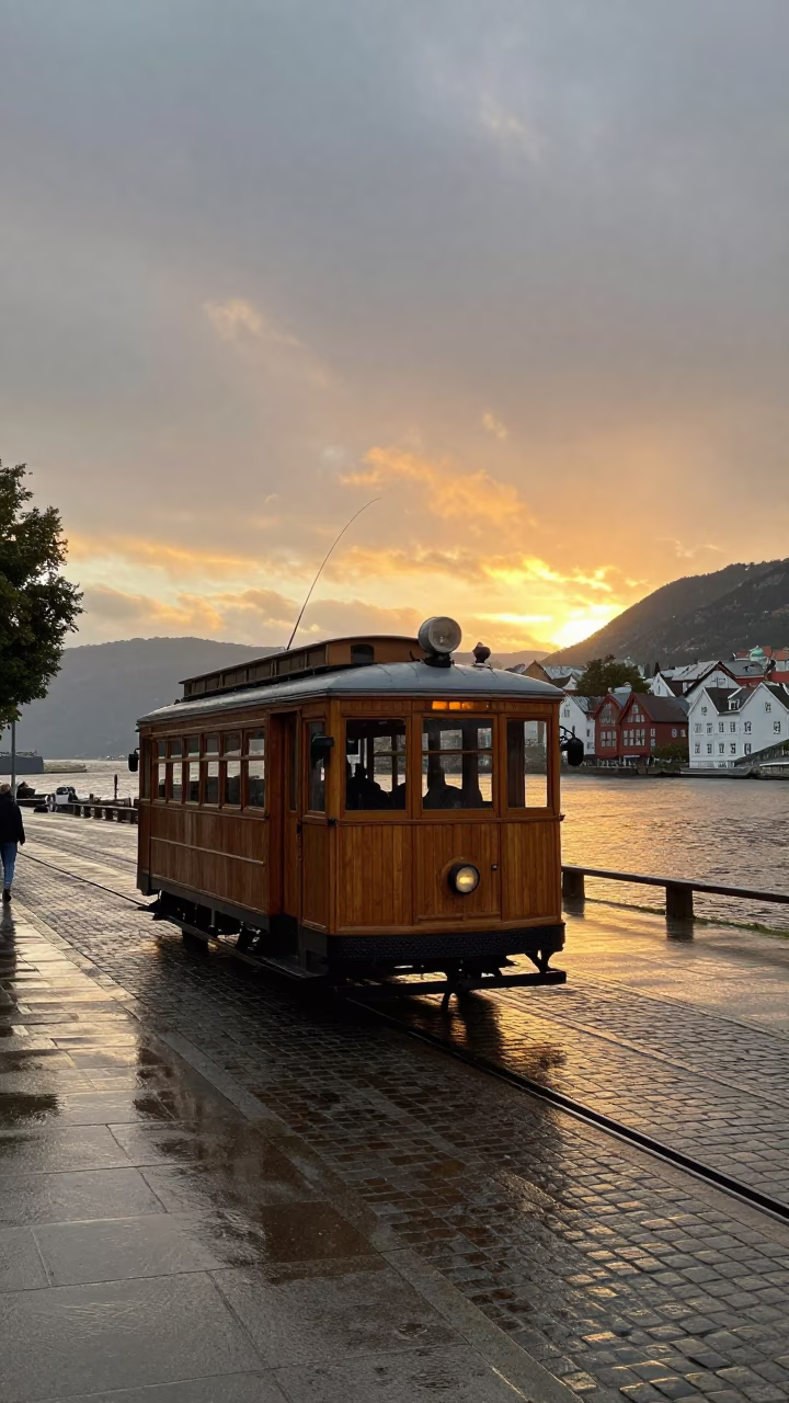 Bergen Norway Heritage Tram on Rain Swept Coastal Promenade at Sunset in in Bergen, Norway