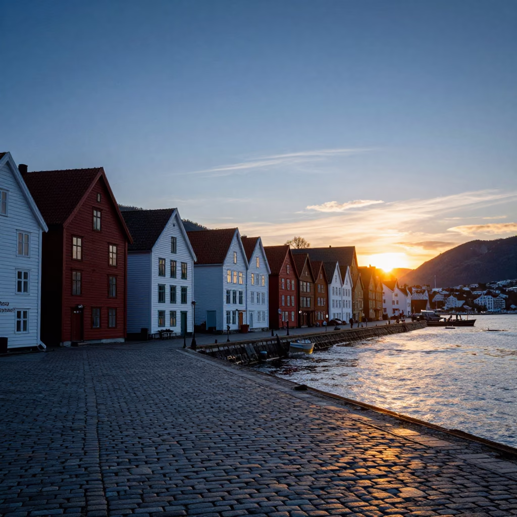 Bergen Norway Historic Bryghan Wharf District at Sunset with Traditional Colorful Buildings in in Bergen, Norway