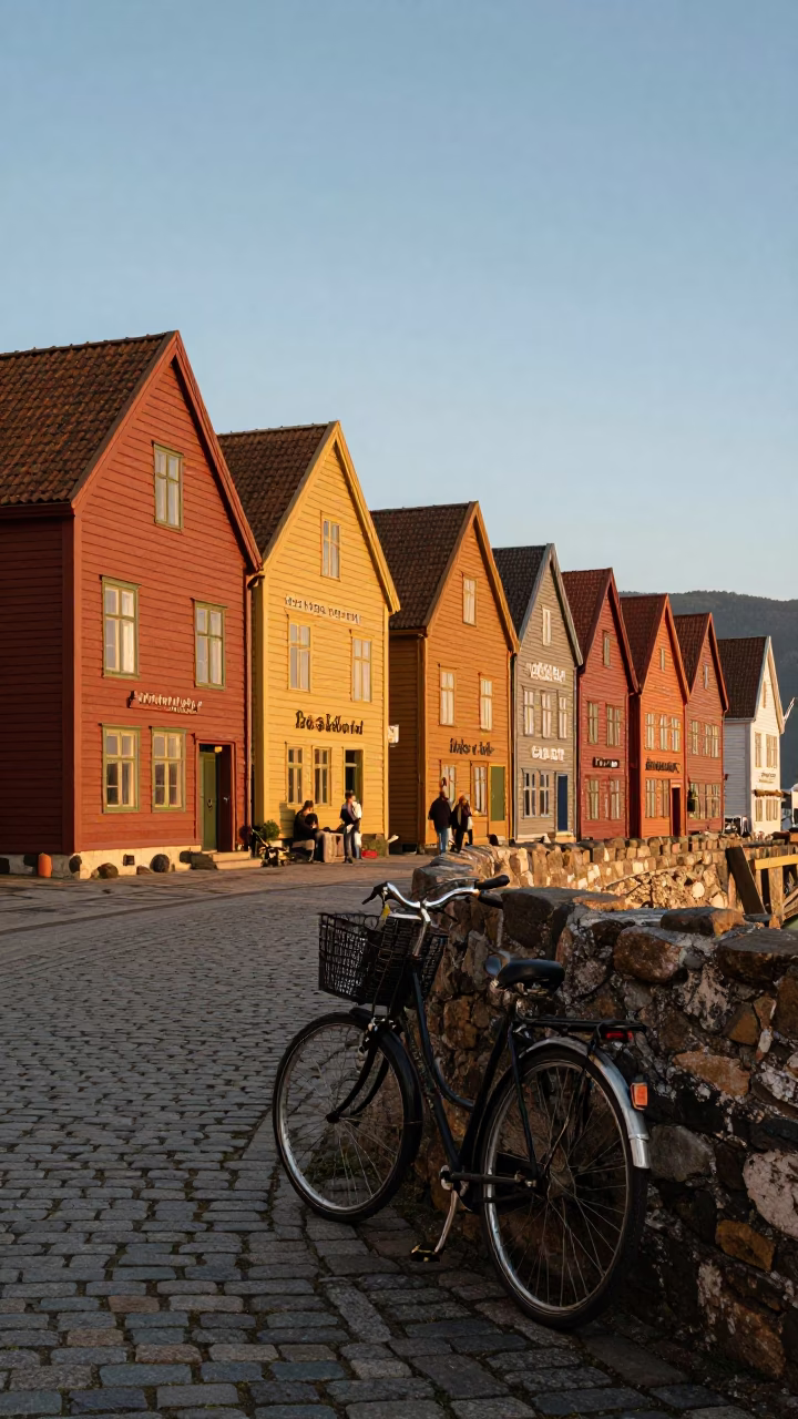 Bergen Norway Honeyed Evening Light Bryggen Wharf Vintage Bicycle and Harbor View in in Bergen, Norway