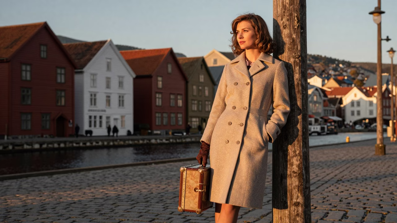 Bergen Norway Honeyed Evening Light High Fashion 1960s Street Photography Style Scene in in Bergen, Norway
