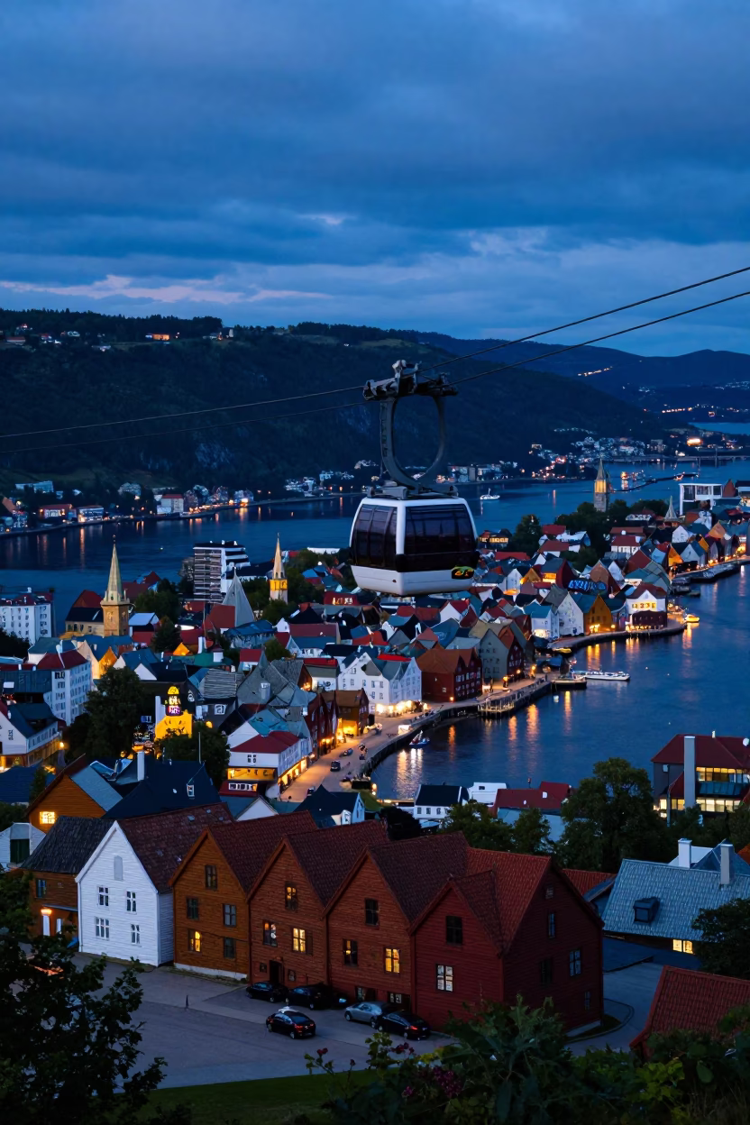 Bergen Norway Indigo Twilight Cable Car Crossing River Valley Over Historic Wharf in in Bergen, Norway