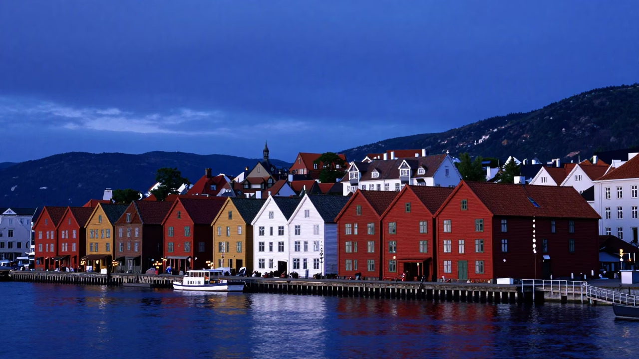 Bergen Norway Indigo Twilight Candelabra Trees and Red Bryggen Wharf Buildings in in Bergen, Norway