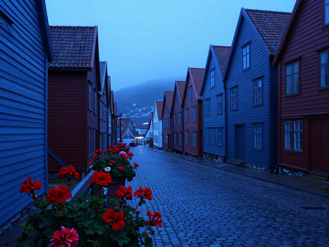 Bergen Norway indigo twilight cobblestone streets with geraniums and historic wooden houses in in Bergen, Norway
