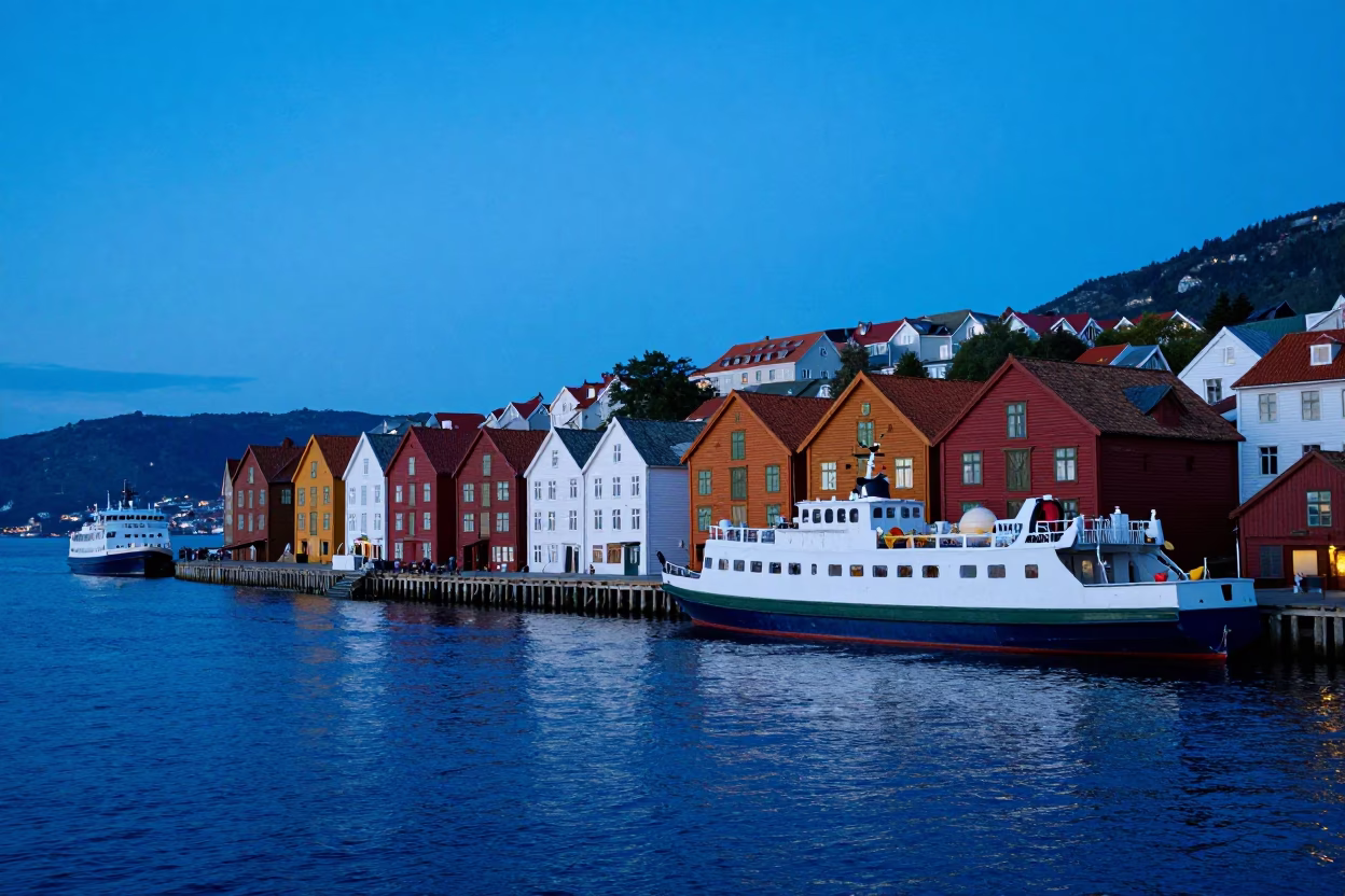 Bergen Norway Indigo Twilight Colorful Wooden Wharf and Ferry Harbor Scene in in Bergen, Norway