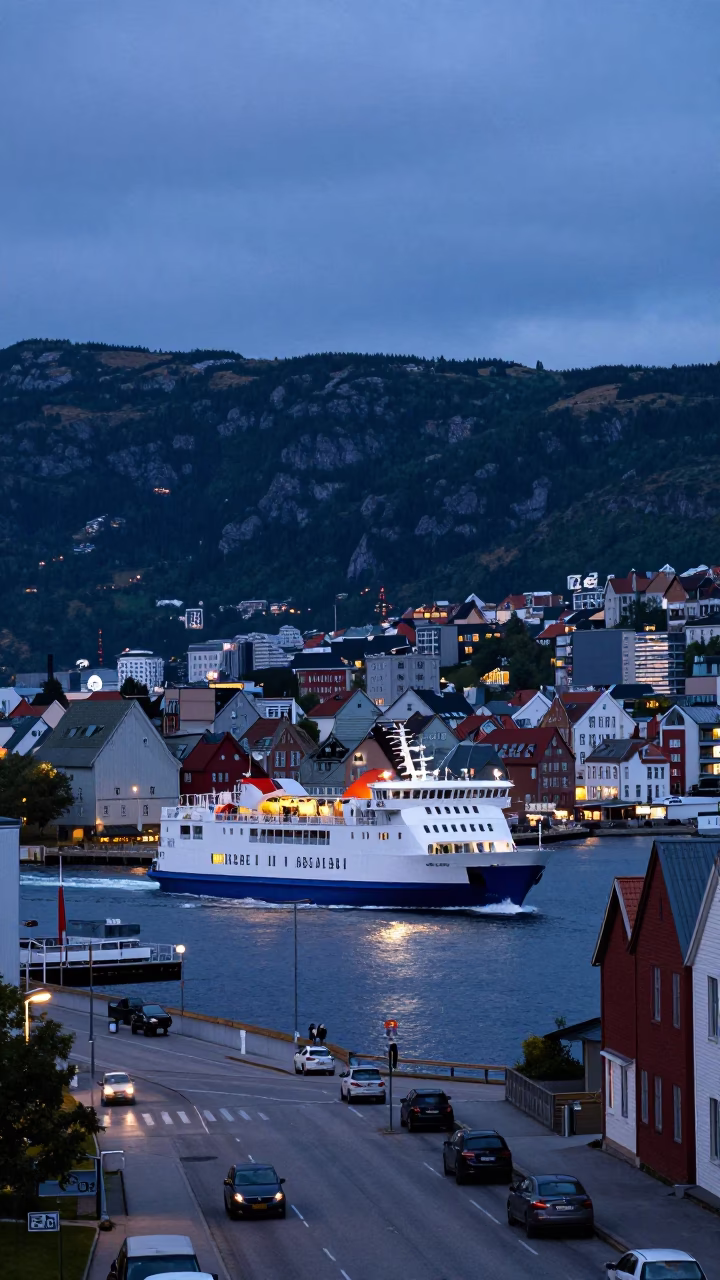 Bergen Norway indigo twilight ferry departure harbor mountains urban street scene in in Bergen, Norway
