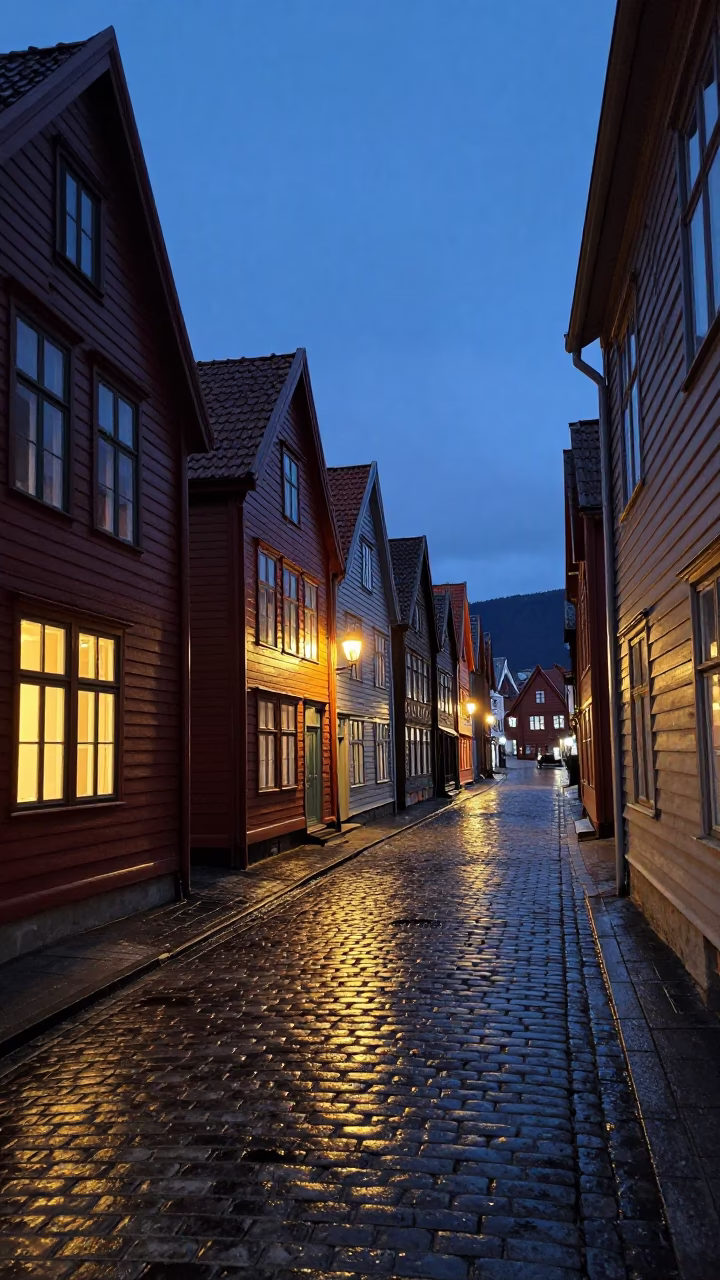 Bergen Norway Indigo Twilight Street Scene with Cobblestone Alley and Traditional Wooden Architecture in in Bergen, Norway