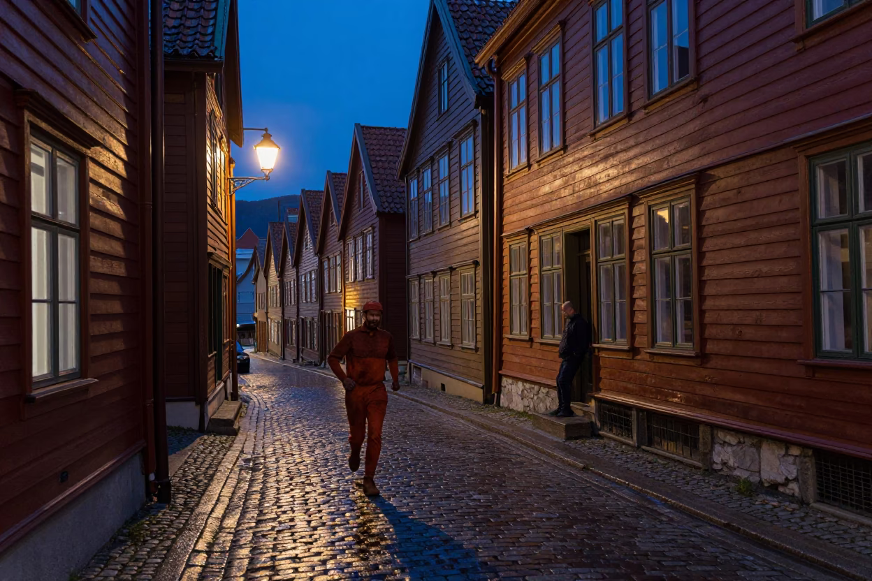 Bergen Norway Indigo Twilight Street Scene with Rusty Runner and Adjustable Spanner in in Bergen, Norway