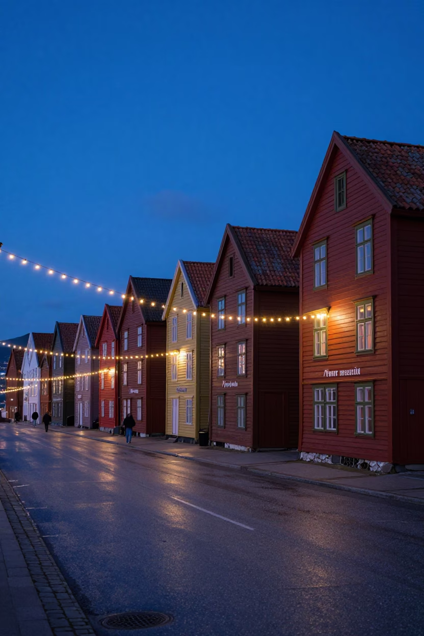 Bergen Norway Indigo Twilight Street Scene with String Lights and Fjord Views in in Bergen, Norway