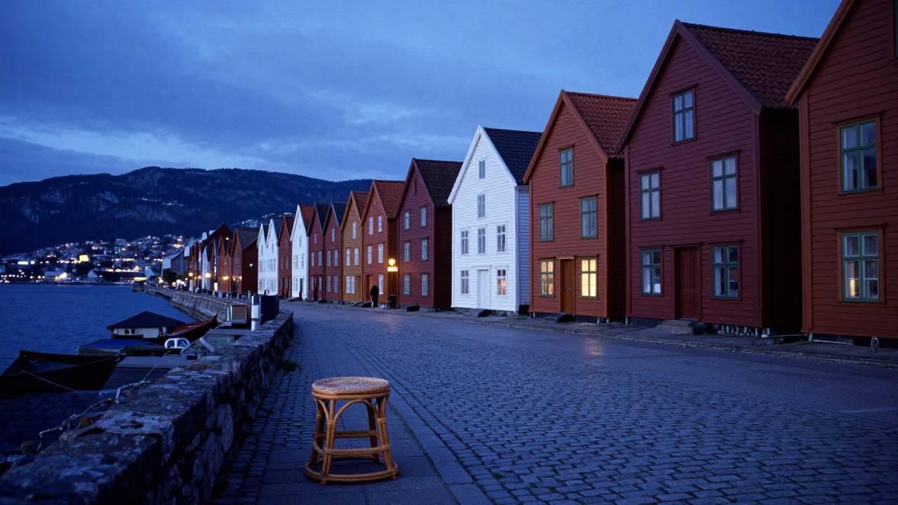 Bergen Norway Indigo Twilight Street Scene with Traditional Rattan Stool and Local Evening Ambiance in in Bergen, Norway