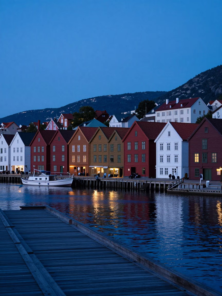 Bergen Norway Indigo Twilight Wooden Wharf Fish Market Scene in in Bergen, Norway