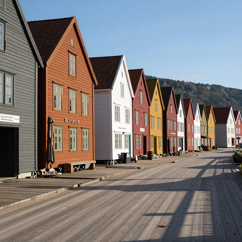 Bergen Norway late afternoon light wooden wharf houses and colorful paint buckets in in Bergen, Norway