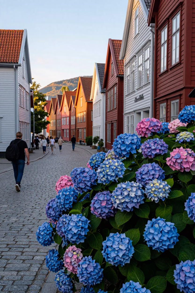 Bergen Norway Late Afternoon Street Scene with Blue Pink Hydrangeas and Cobblestone in in Bergen, Norway