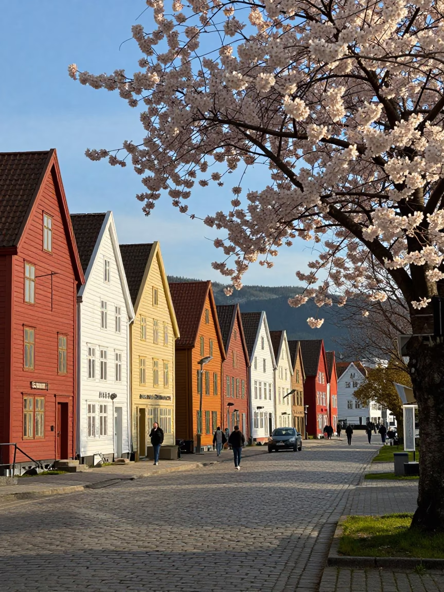 Bergen Norway Late Afternoon Street Scene with Cherry Blossoms and Vintage Skateboard in in Bergen, Norway