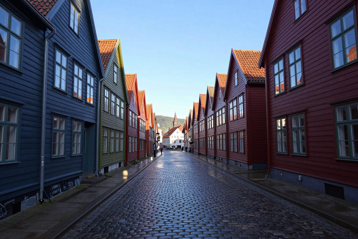 Bergen Norway Late Afternoon Street Scene with Cobblestones and Colorful Hanstaken Houses in in Bergen, Norway