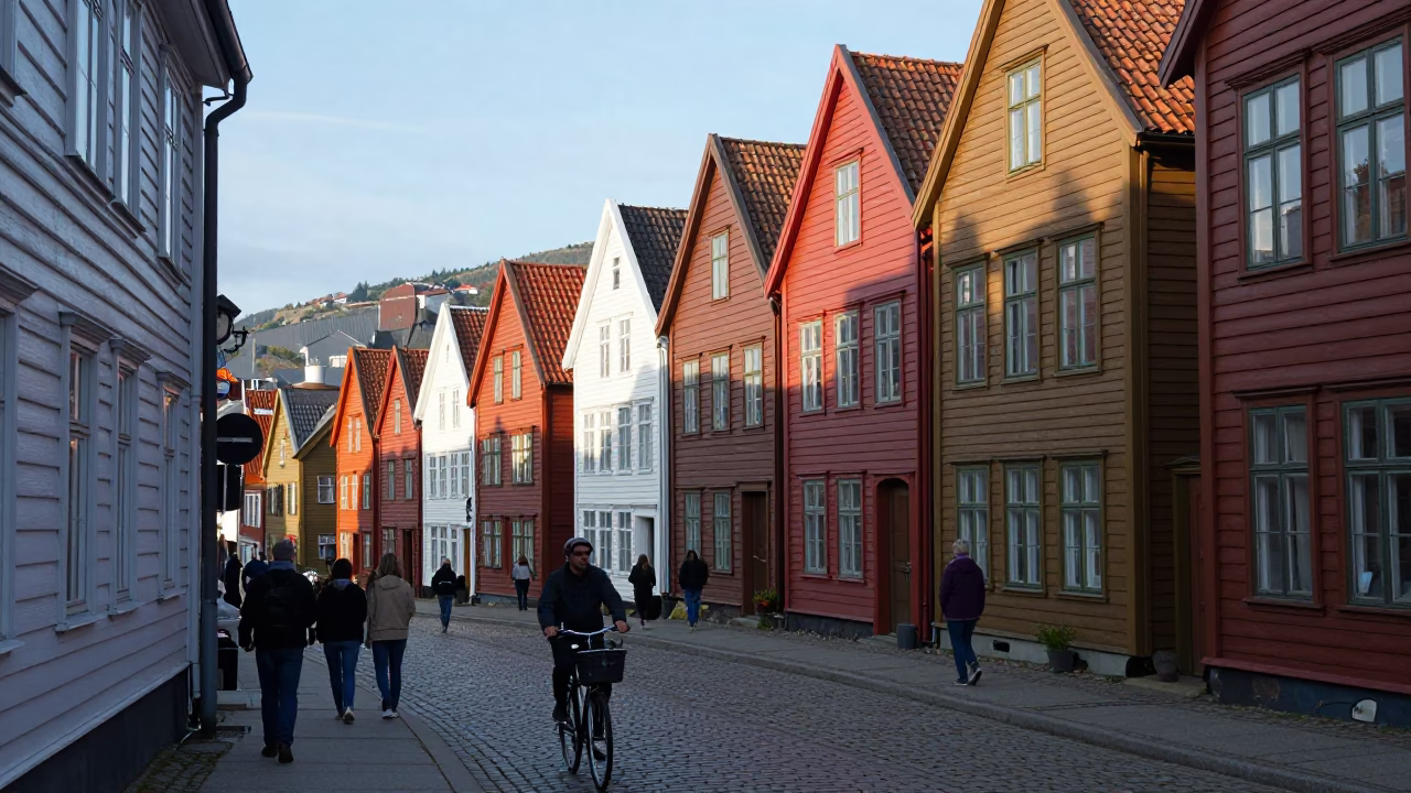 Bergen Norway Late Afternoon Street Scene with Colorful Houses and Clear Sky in in Bergen, Norway