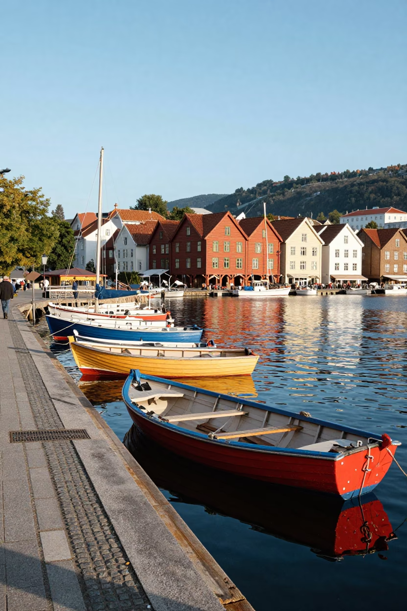 Bergen Norway Late Afternoon Street Scene with Colorful Rowboats and Historic Wharf in in Bergen, Norway
