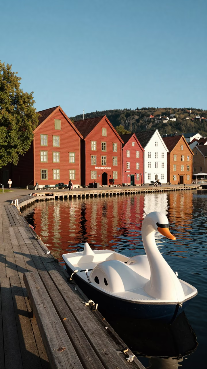 Bergen Norway Late Afternoon Street Scene with Wooden Wharf and Pedal Boat in in Bergen, Norway