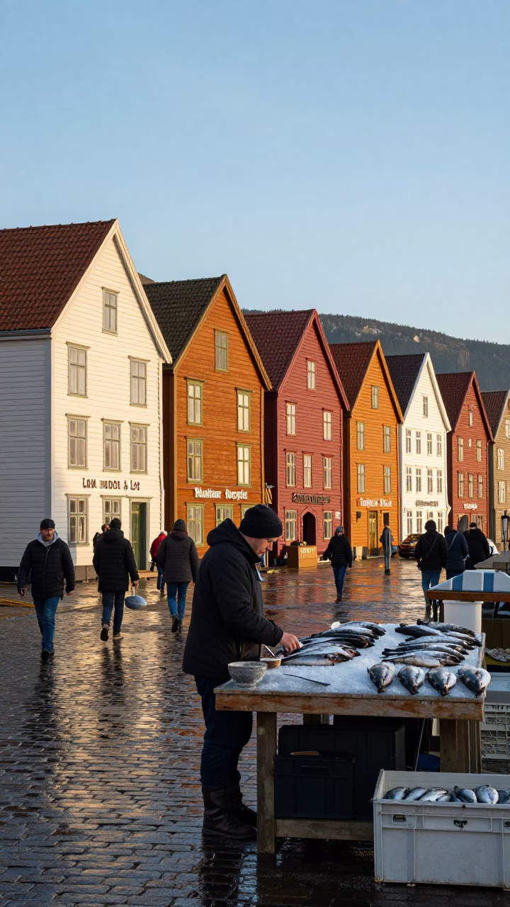 Bergen Norway Late Morning Bryggen Wharf Colorful Wooden Buildings and Wet Cobblestone Street Scene in in Bergen, Norway