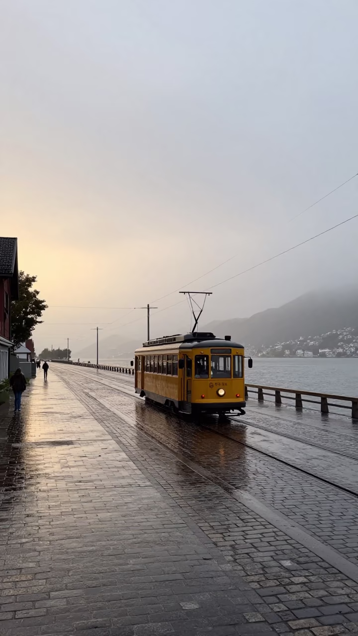 Bergen Norway Late Morning Rain Swept Coastal Promenade Heritage Tram View in in Bergen, Norway