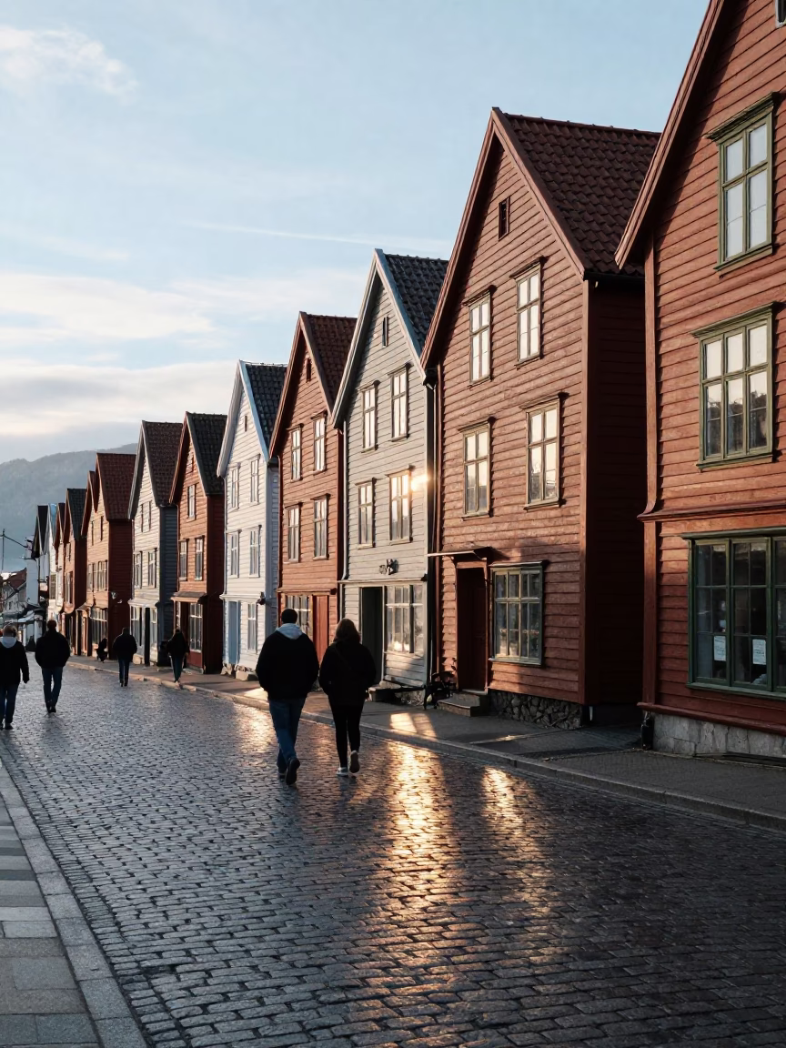 Bergen Norway Late Morning Street Scene with Traditional Wooden Architecture and Local Market Activity in in Bergen, Norway