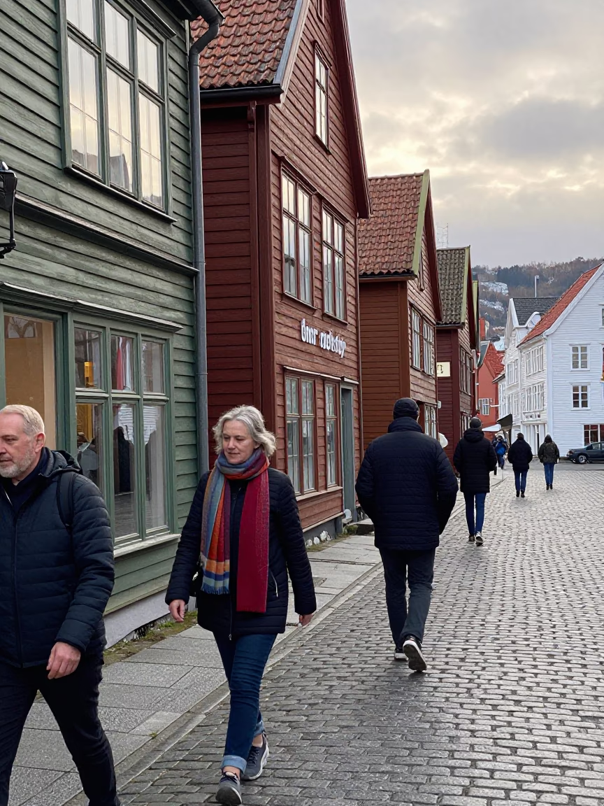 Bergen Norway Late Morning Street Scene with Wool Scarves and Traditional Architecture in in Bergen, Norway