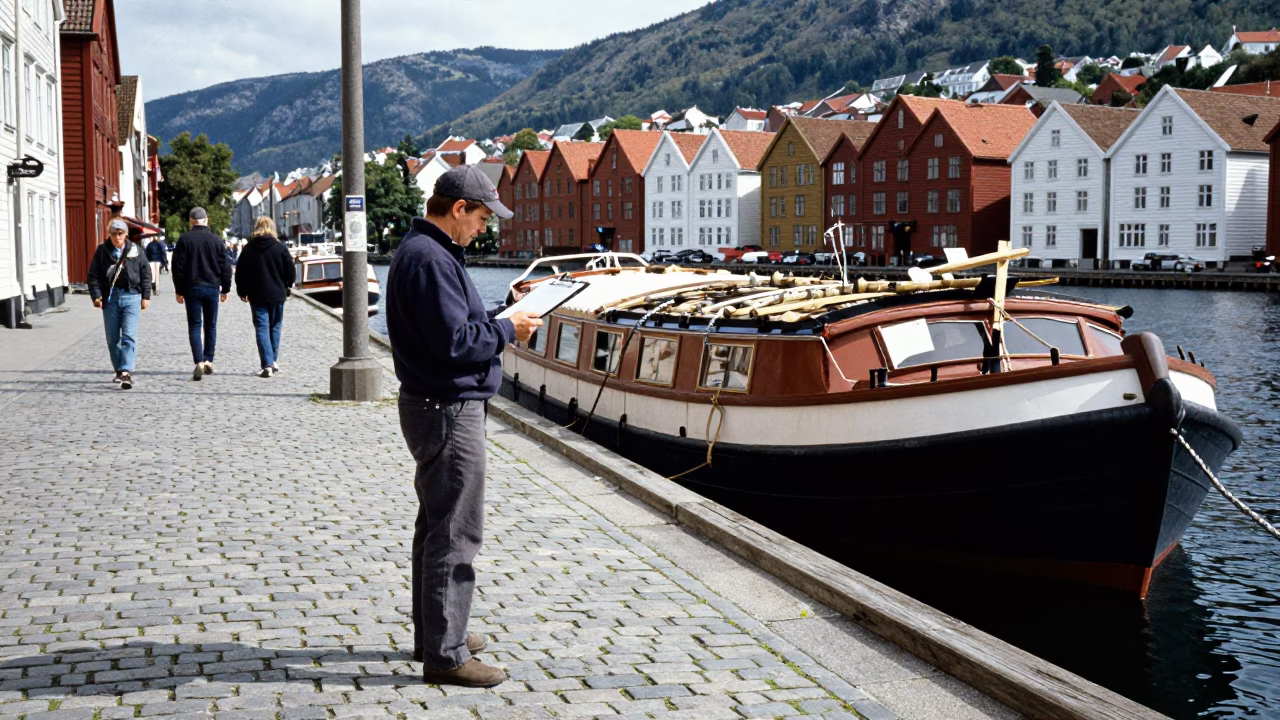 Bergen Norway Midday Street Scene with Clipboard and Canal Barge Cargo in in Bergen, Norway