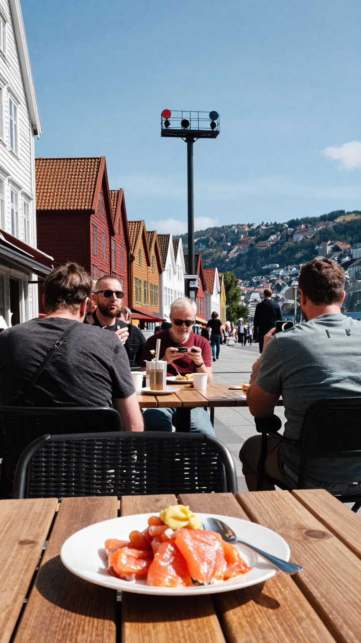 Bergen Norway Midday Street Scene with Gravlex and Signal Gantry in in Bergen, Norway