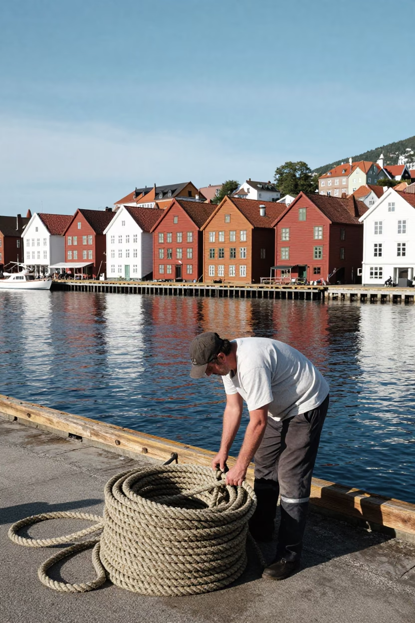Bergen Norway Midmorning Harbor View with Coiled Rope and Brushed Steel Details in in Bergen, Norway