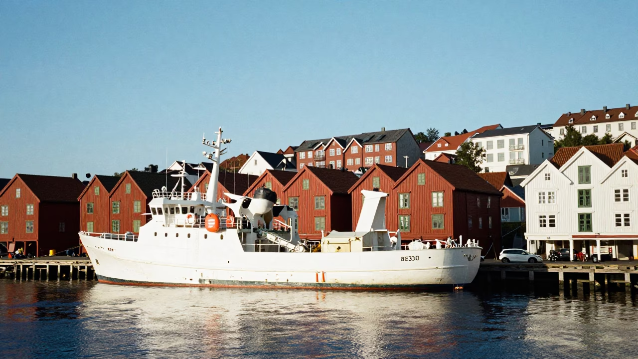 Bergen Norway Midmorning Harbor View with Research Vessel and Fishing Kayak in in Bergen, Norway