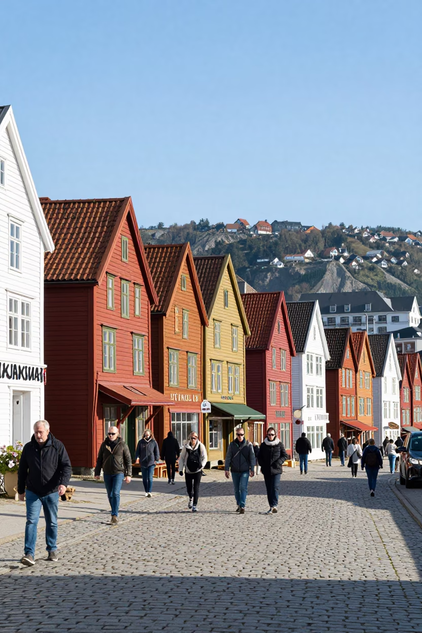 Bergen Norway Midmorning Street Scene with Colorful Wharf Houses and Pedestrians in in Bergen, Norway