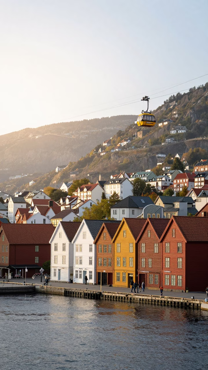 Bergen Norway Morning Light on Bryggen Wharf with Cable Car and Spring Snow in in Bergen, Norway