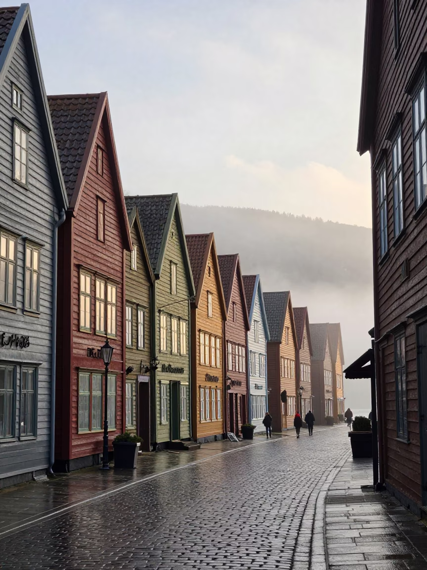 Bergen Norway Morning Light on Bryggen Wharf with Colorful Hanseatic Buildings in in Bergen, Norway