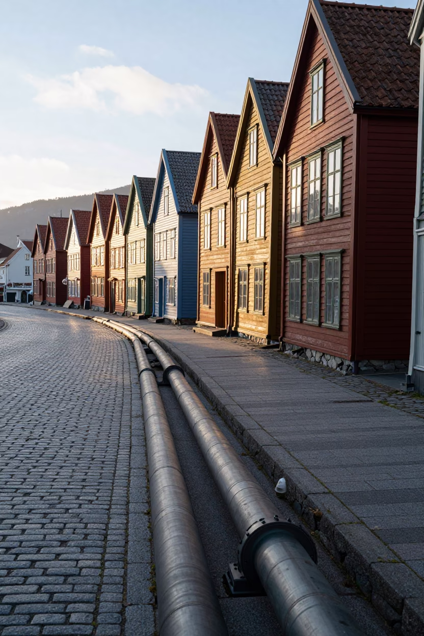 Bergen Norway Morning Street Scene with District Heating Pipes and Autumn Leaves in in Bergen, Norway