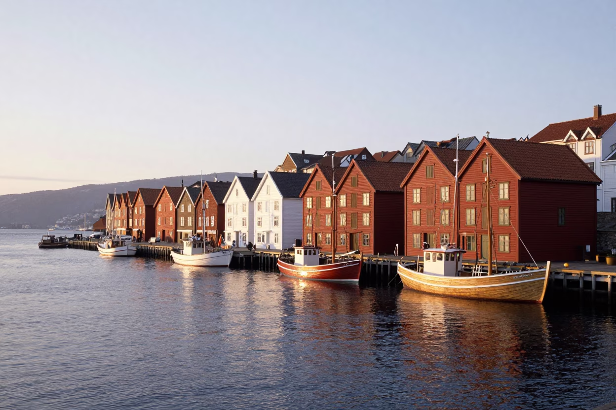 Bergen Norway Nautical Dawn Fishing Harbor Wooden Boats and Local Life in in Bergen, Norway