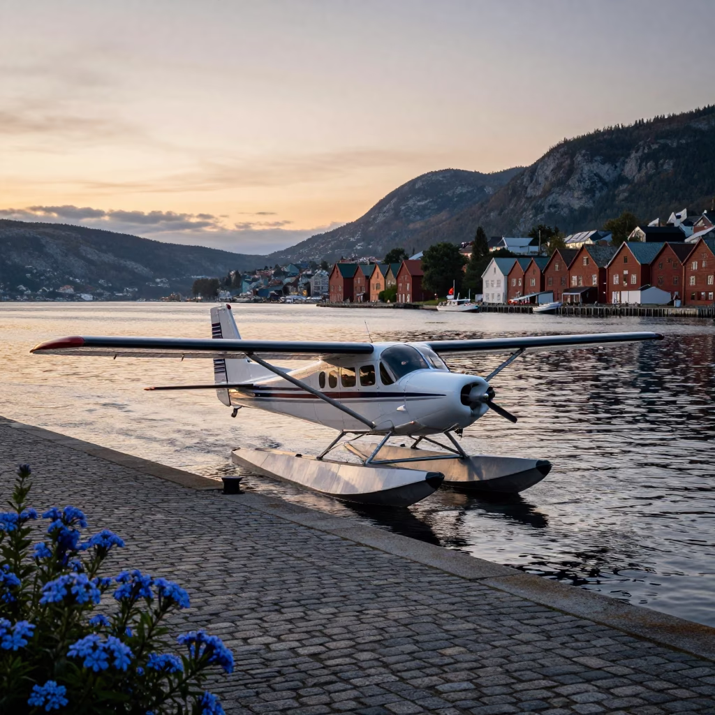 Bergen Norway Nautical Dawn Floatplane on Waterfront with Blue Plumbago Hedge in in Bergen, Norway