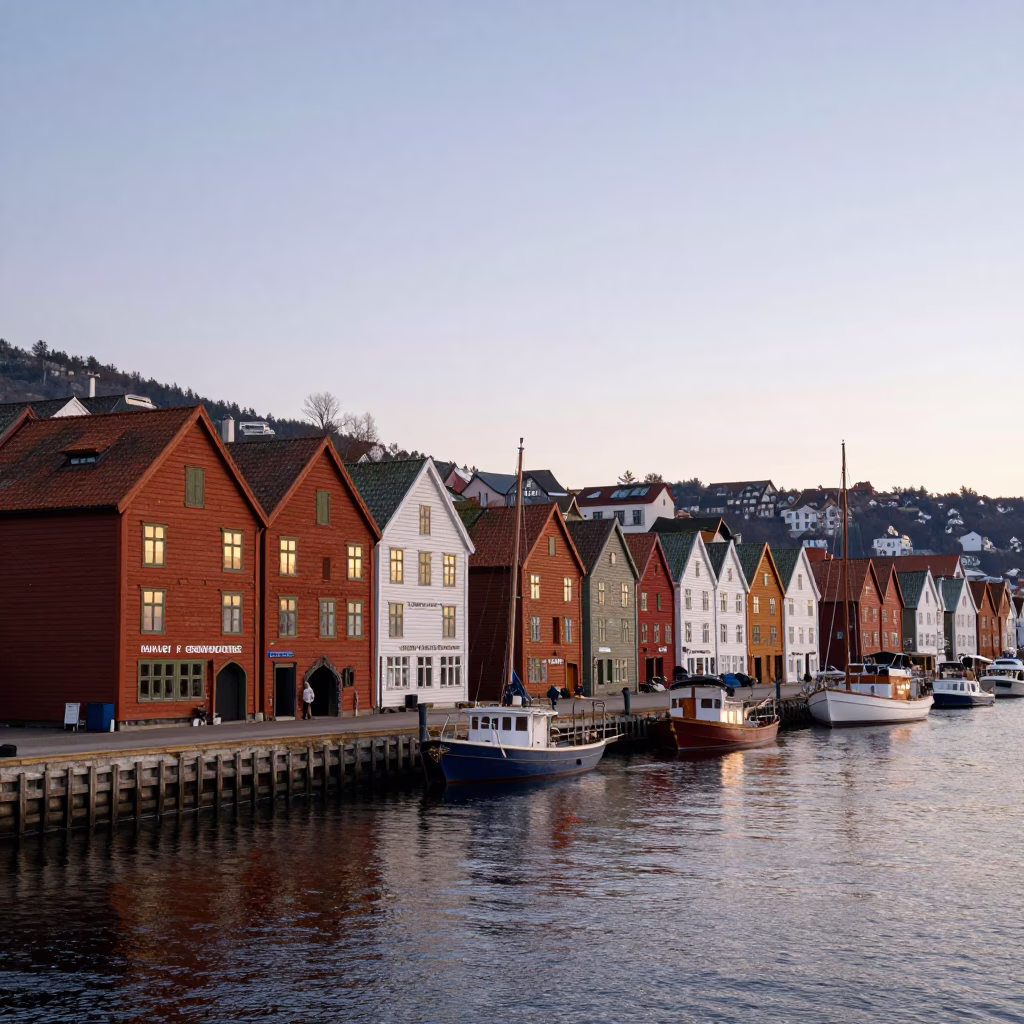 Bergen Norway Nautical Dawn Harbor Scene with Colorful Bryggen Wharf Houses and Fishing Boats in in Bergen, Norway