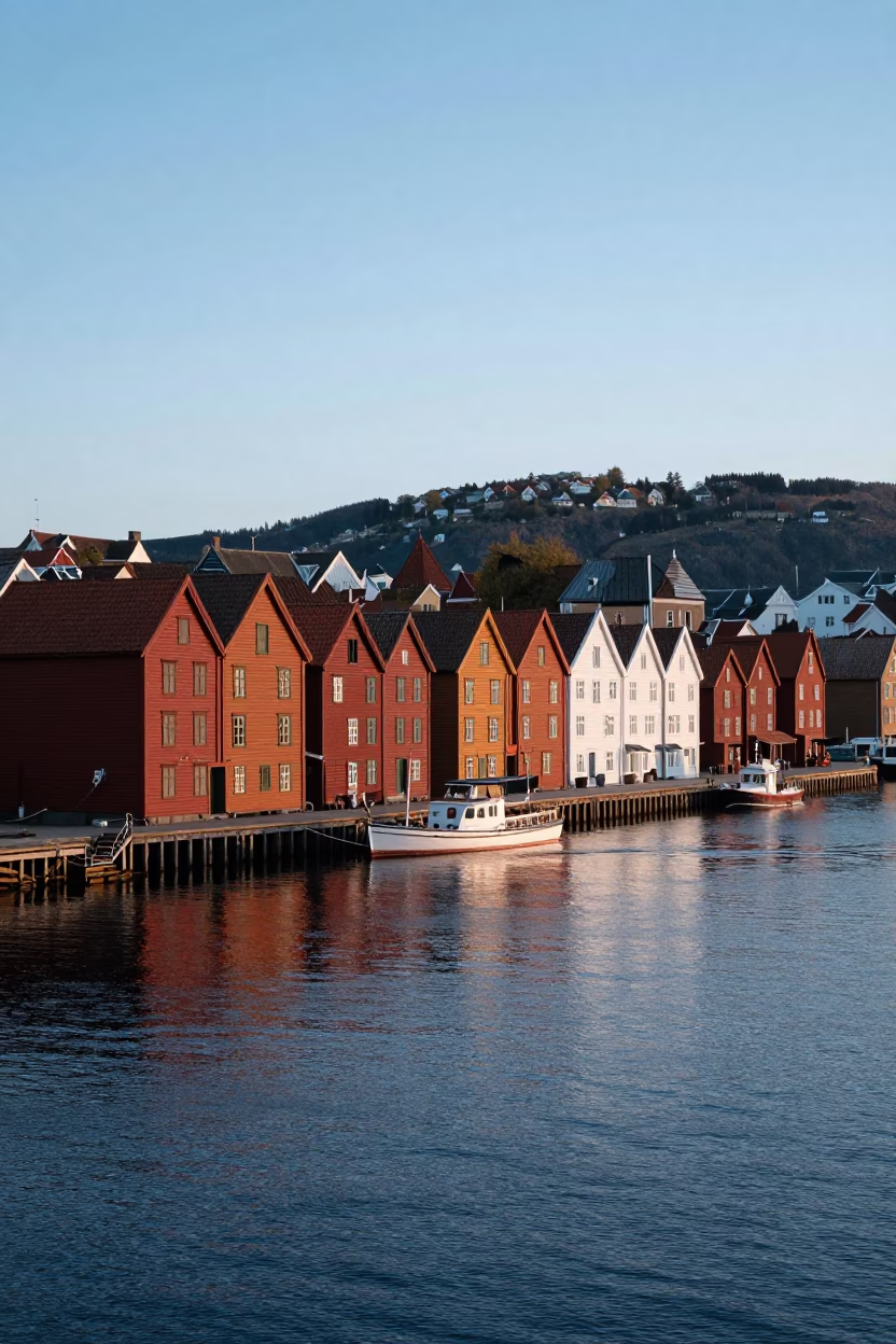 Bergen Norway Nautical Dawn Harbor View with Traditional Wharf Houses and Fjord Horizon in in Bergen, Norway